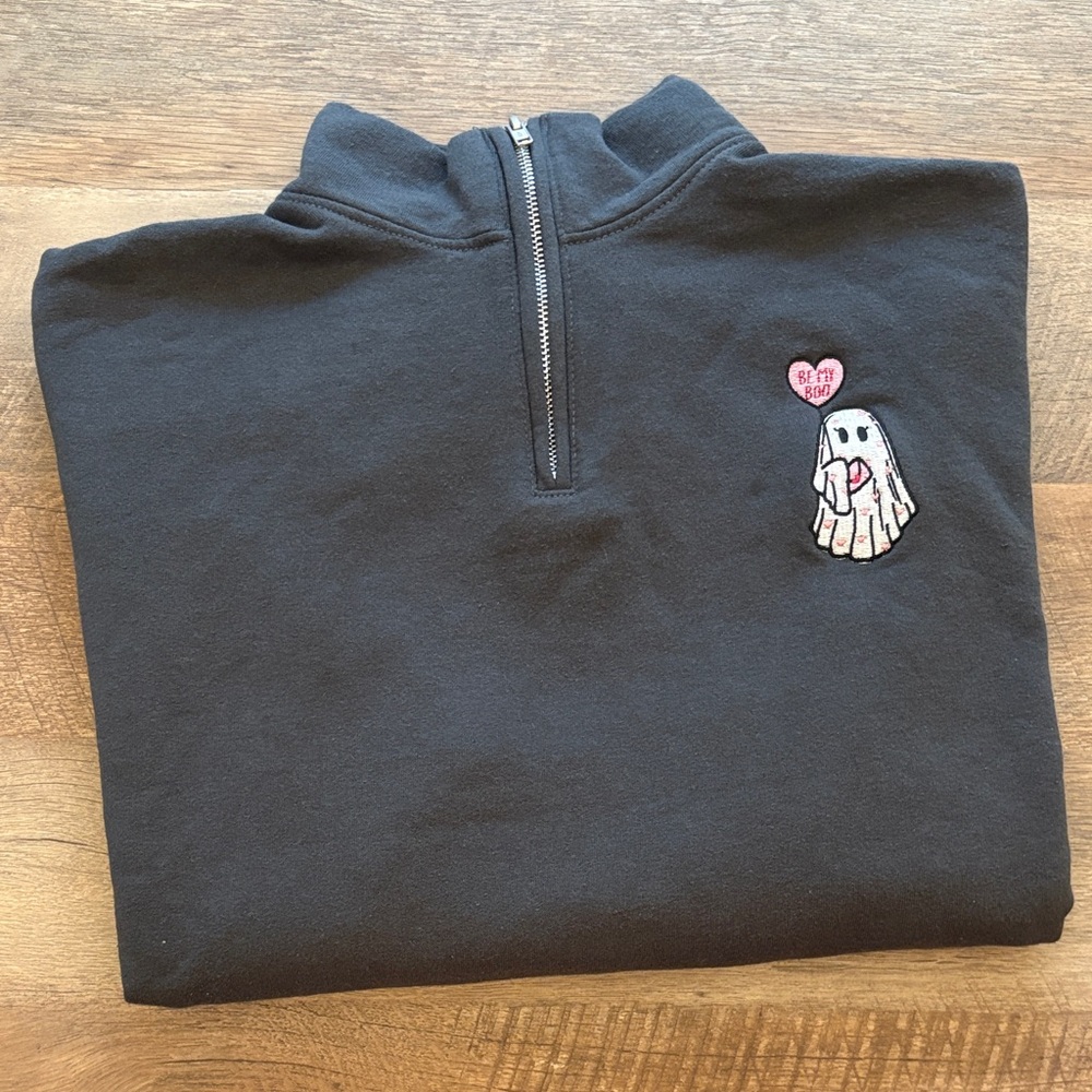 Black Quarter-Zip Sweatshirt with Ghost Embroidery